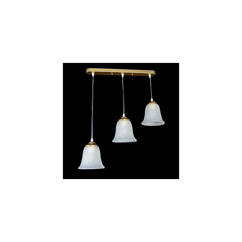 Lampada a sospensione retrò classica in bronzo a 3 luci con paralume in vetro