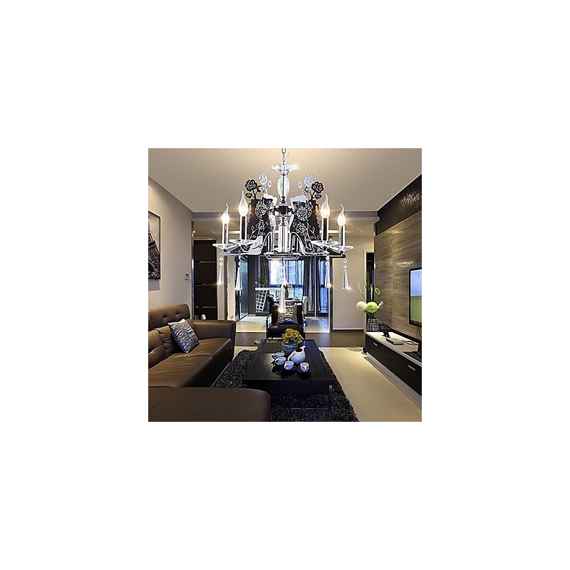Lampadario contemporaneo in metallo nero con cristalli trasparenti