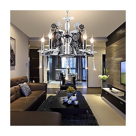 Lampadario contemporaneo in metallo nero con cristalli trasparenti