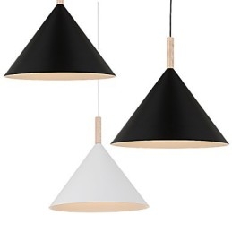 Lampada a sospensione mini artistica a cono 1 luce nero bianco alluminio e dettaglio in legno