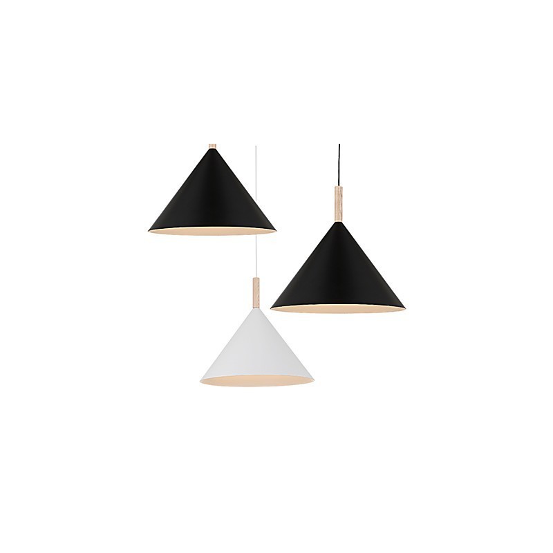 Lampada a sospensione mini artistica a cono 1 luce nero bianco alluminio e dettaglio in legno