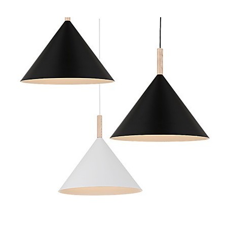 Lampada a sospensione mini artistica a cono 1 luce nero bianco alluminio e dettaglio in legno