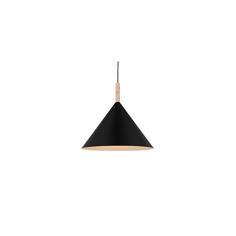 Lampada a sospensione mini artistica a cono 1 luce nero bianco alluminio e dettaglio in legno