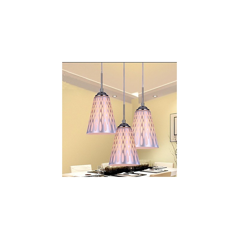 Lampada a sospensione semplice in vetro bianco e metallo argento, 3 luci E26/E27