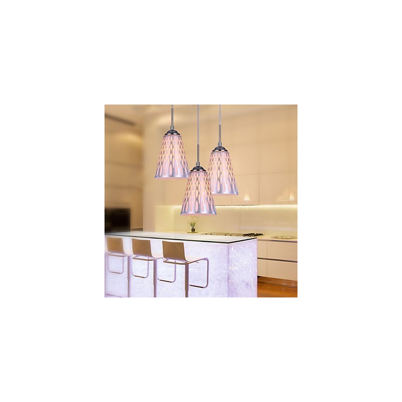 Lampada a sospensione semplice in vetro bianco e metallo argento, 3 luci E26/E27