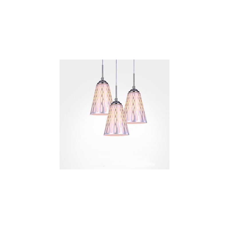 Lampada a sospensione semplice in vetro bianco e metallo argento, 3 luci E26/E27