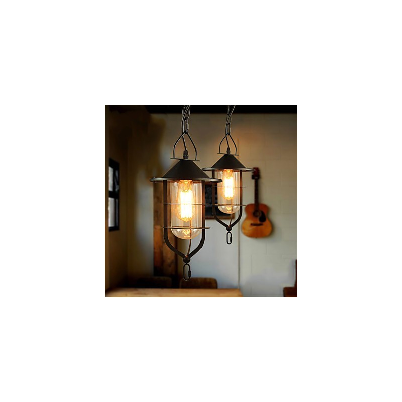 Lampada a sospensione mini retrò in metallo nero con paralumi in vetro trasparente, 3 luci E26/E27