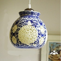 Lampada a sospensione retrò in ceramica blu a testa singola