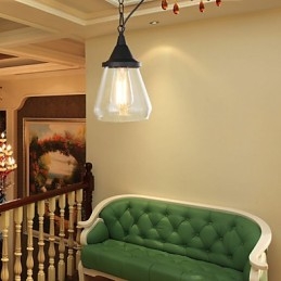 Lampada a sospensione classica vintage retrò country in metallo nero e vetro trasparente