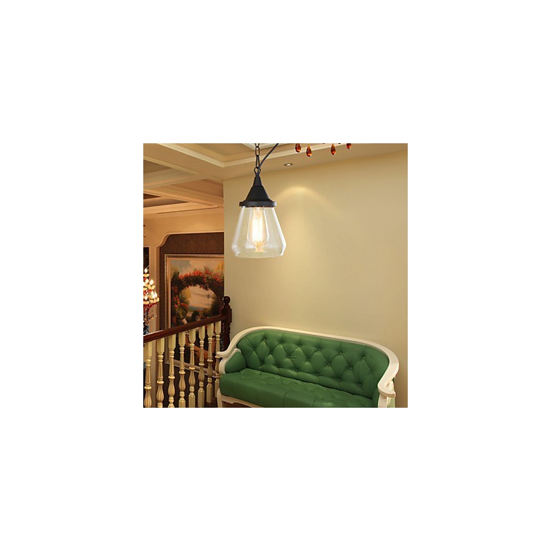 Lampada a sospensione classica vintage retrò country in metallo nero e vetro trasparente