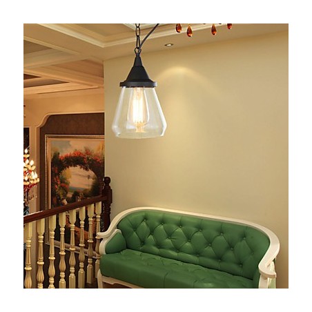 Lampada a sospensione classica vintage retrò country in metallo nero e vetro trasparente