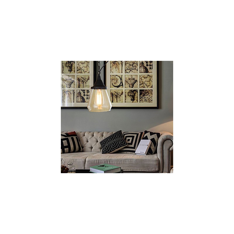 Lampada a sospensione classica vintage retrò country in metallo nero e vetro trasparente