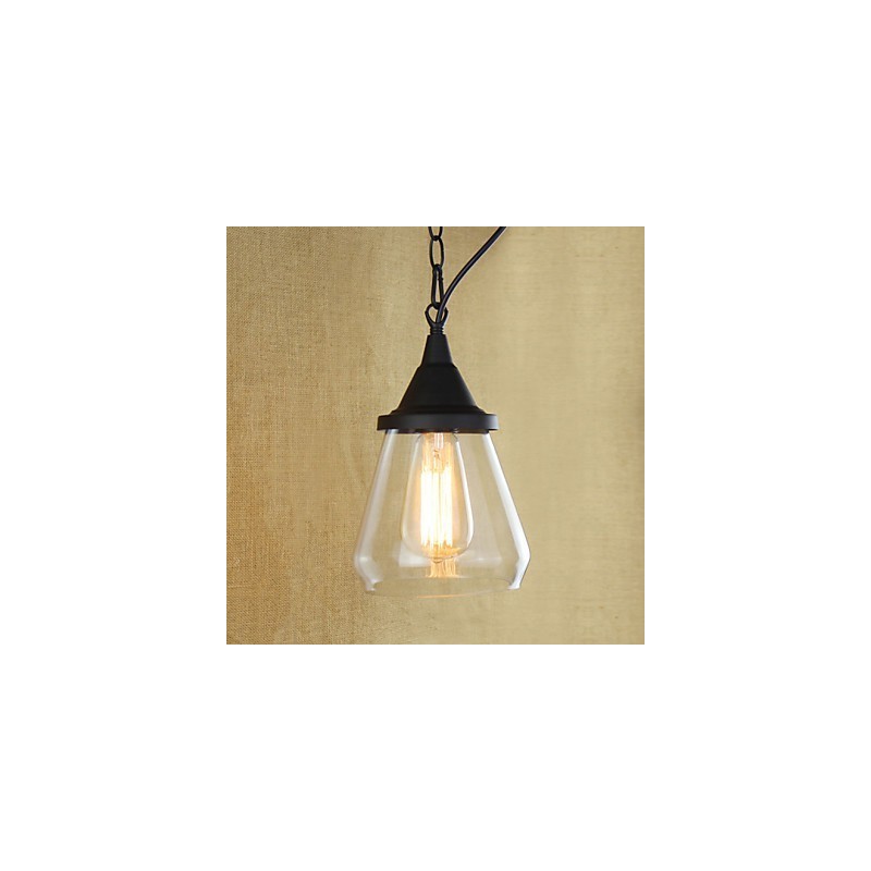Lampada a sospensione classica vintage retrò country in metallo nero e vetro trasparente