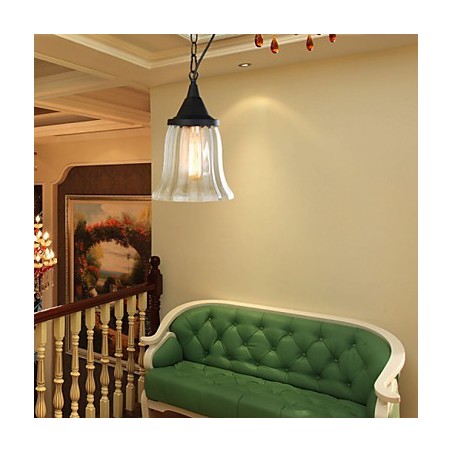 Lampada a sospensione vintage retrò country in metallo nero e vetro trasparente