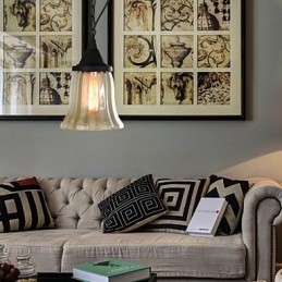 Lampada a sospensione vintage retrò country in metallo nero e vetro trasparente