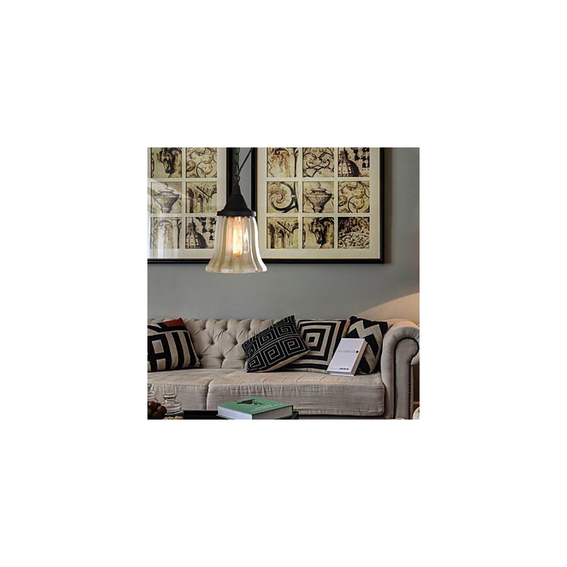 Lampada a sospensione vintage retrò country in metallo nero e vetro trasparente