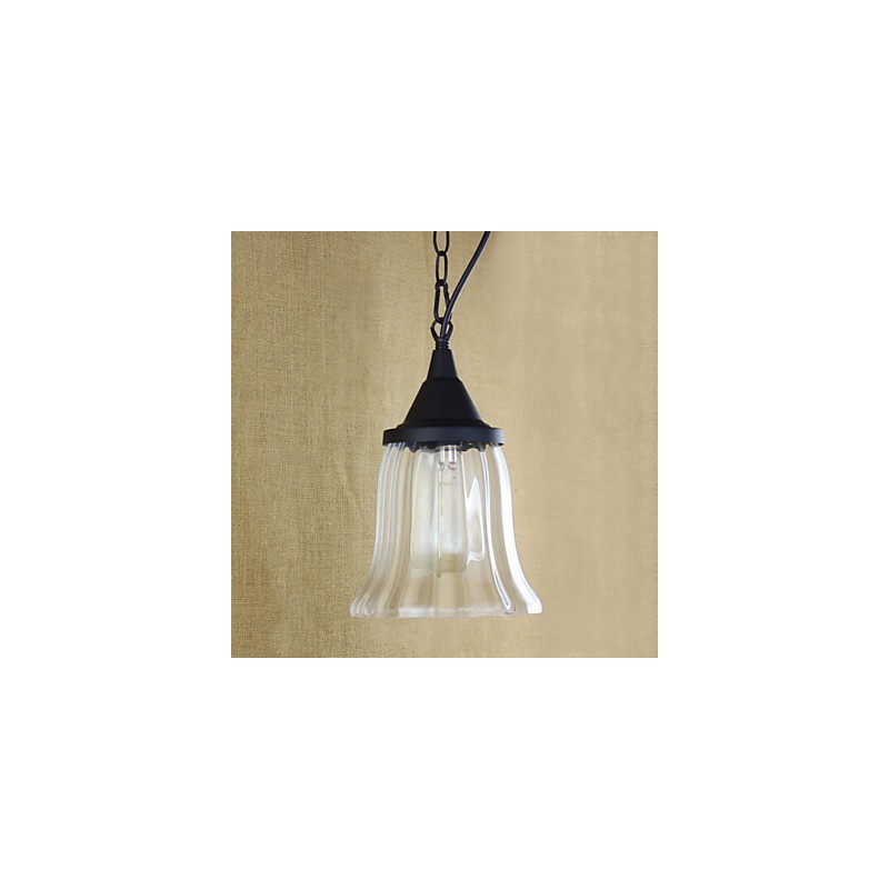 Lampada a sospensione vintage retrò country in metallo nero e vetro trasparente