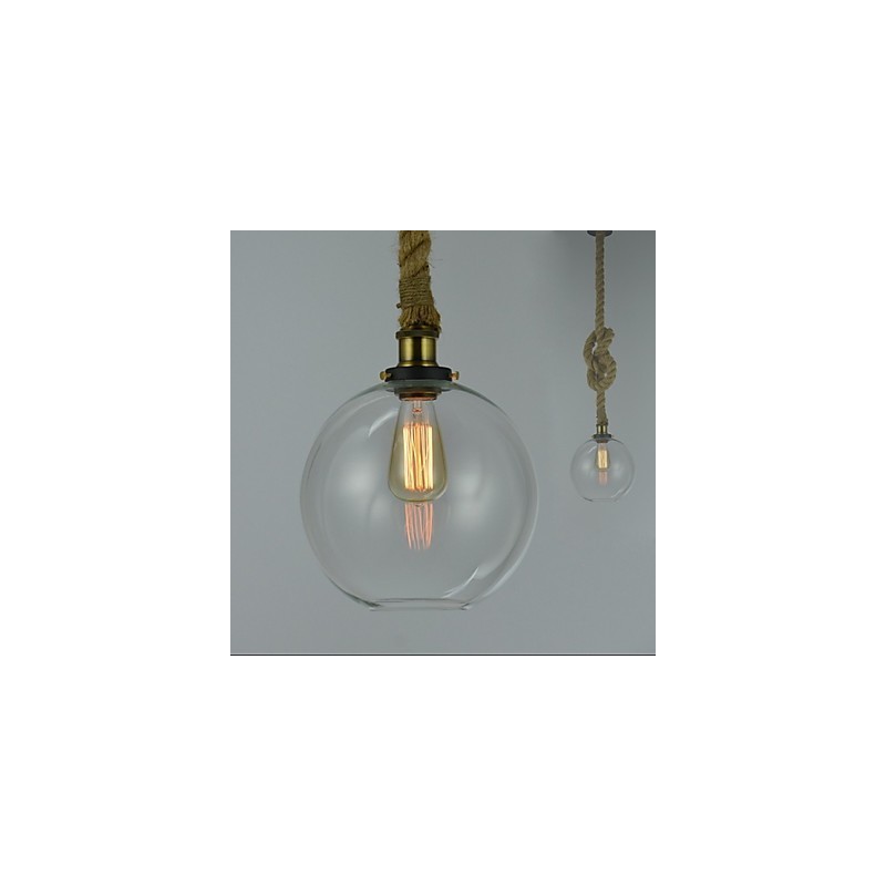 Lampada a sospensione vintage rustica in vetro trasparente con corda, 3 luci E26/E27