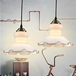 Lampada a sospensione vintage retrò country in metallo e vetro bianco 3 luci