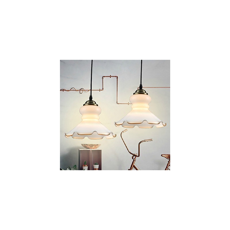 Lampada a sospensione vintage retrò country in metallo e vetro bianco 3 luci