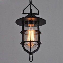 Lampada a sospensione vintage nera a gabbia con vetro e metallo