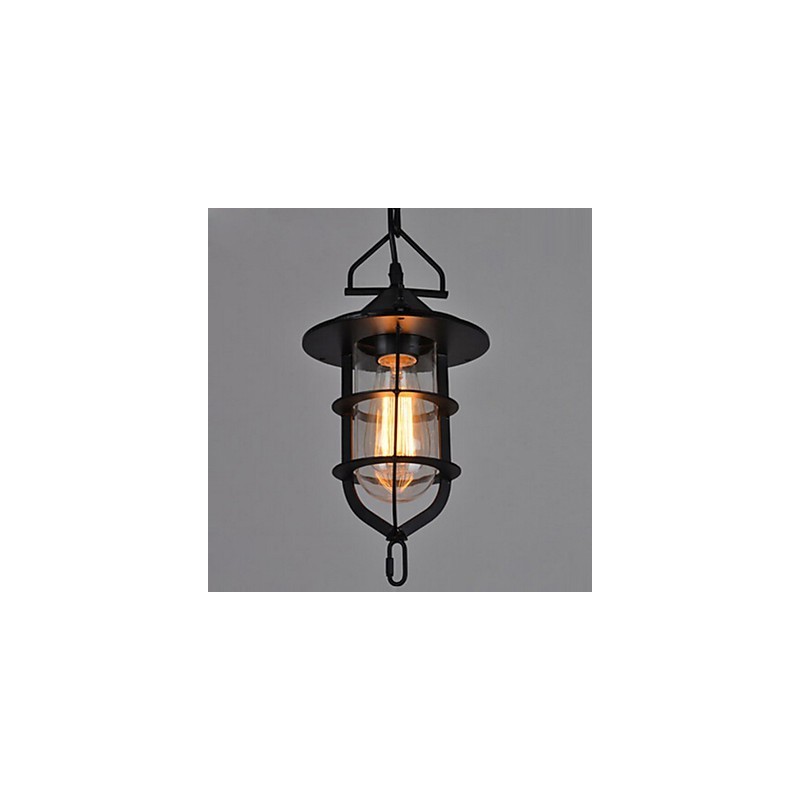 Lampada a sospensione vintage nera a gabbia con vetro e metallo