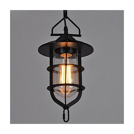 Lampada a sospensione vintage nera a gabbia con vetro e metallo