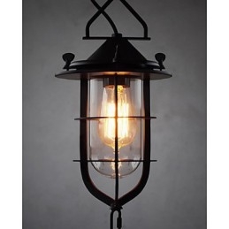 Lampada a sospensione vintage nera a gabbia con vetro e metallo