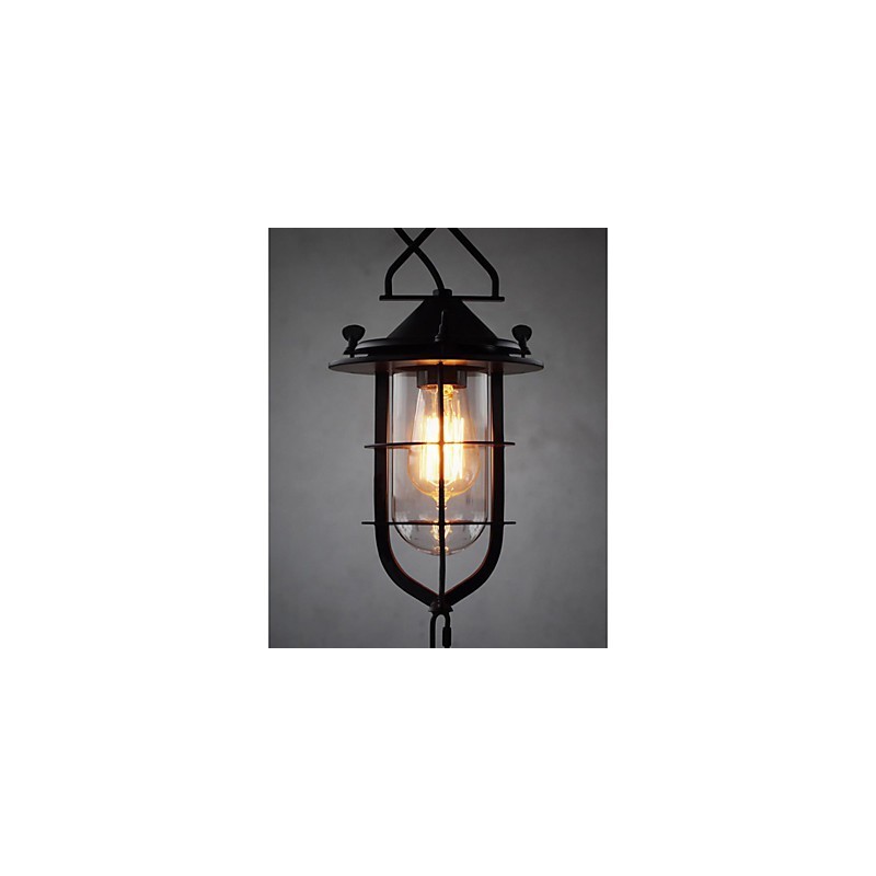 Lampada a sospensione vintage nera a gabbia con vetro e metallo