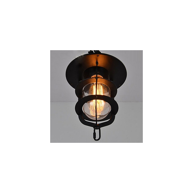Lampada a sospensione vintage nera a gabbia con vetro e metallo