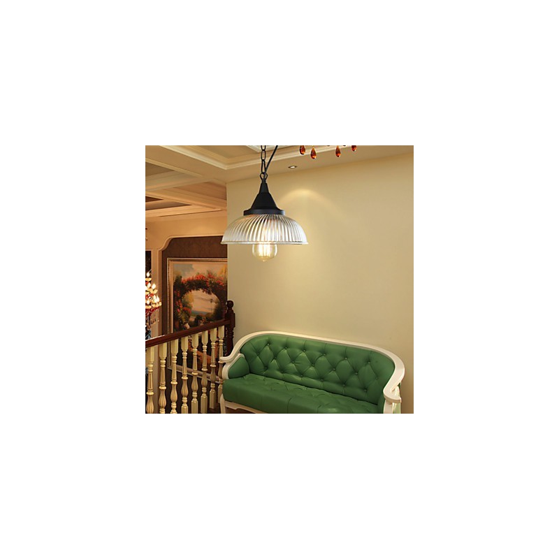 Lampada a sospensione classica vintage country in metallo nero con vetro trasparente