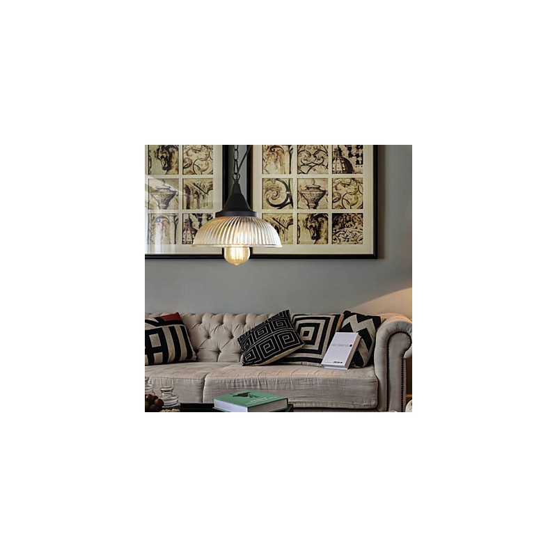 Lampada a sospensione classica vintage country in metallo nero con vetro trasparente
