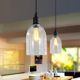 Lampada a sospensione classica vintage in metallo nero e vetro trasparente, 3 luci
