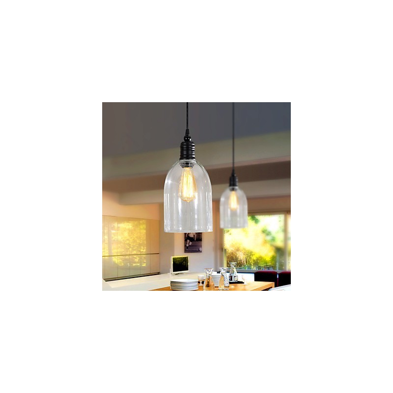 Lampada a sospensione classica vintage in metallo nero e vetro trasparente, 3 luci