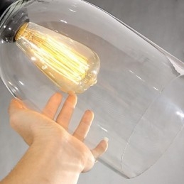 Lampada a sospensione classica vintage in metallo nero e vetro trasparente, 3 luci