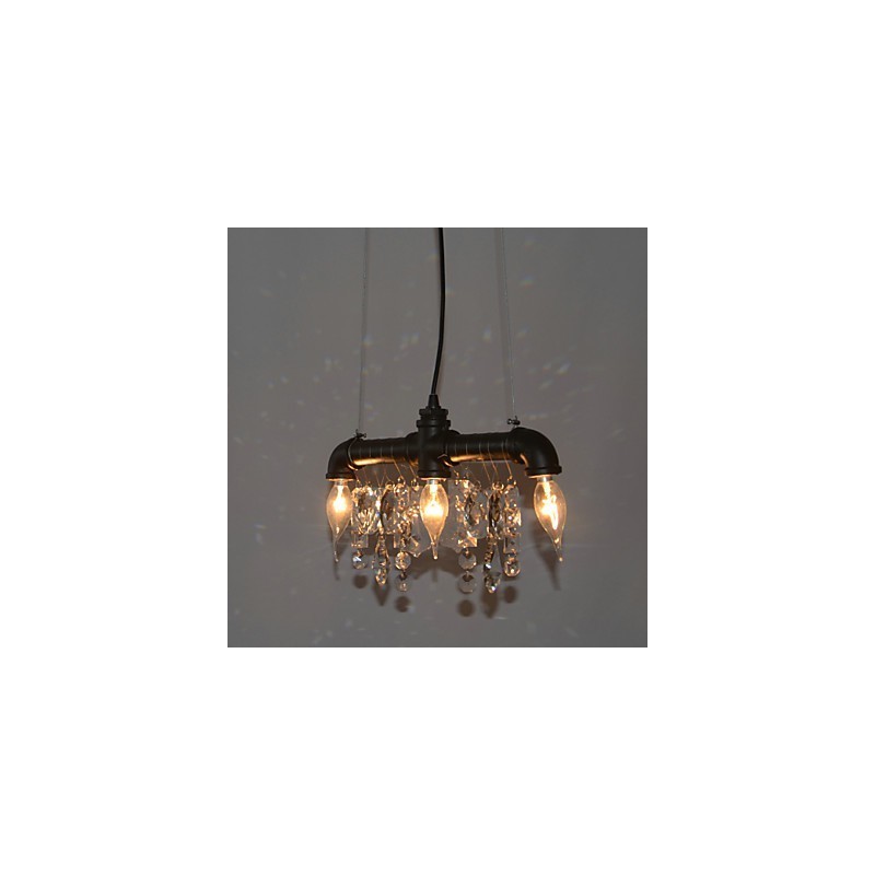Lampada a sospensione tradizionale stile nordamericano a tubo con cristallo e 3 luci