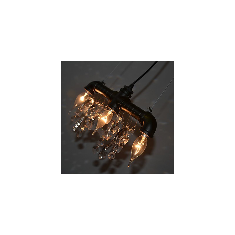 Lampada a sospensione tradizionale stile nordamericano a tubo con cristallo e 3 luci