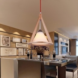 Lampadario a sospensione in legno/bambù con paralume in vetro bianco