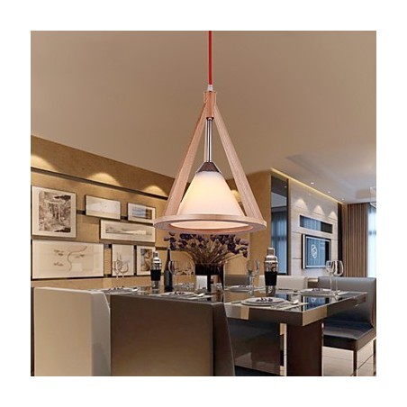 Lampadario a sospensione in legno/bambù con paralume in vetro bianco
