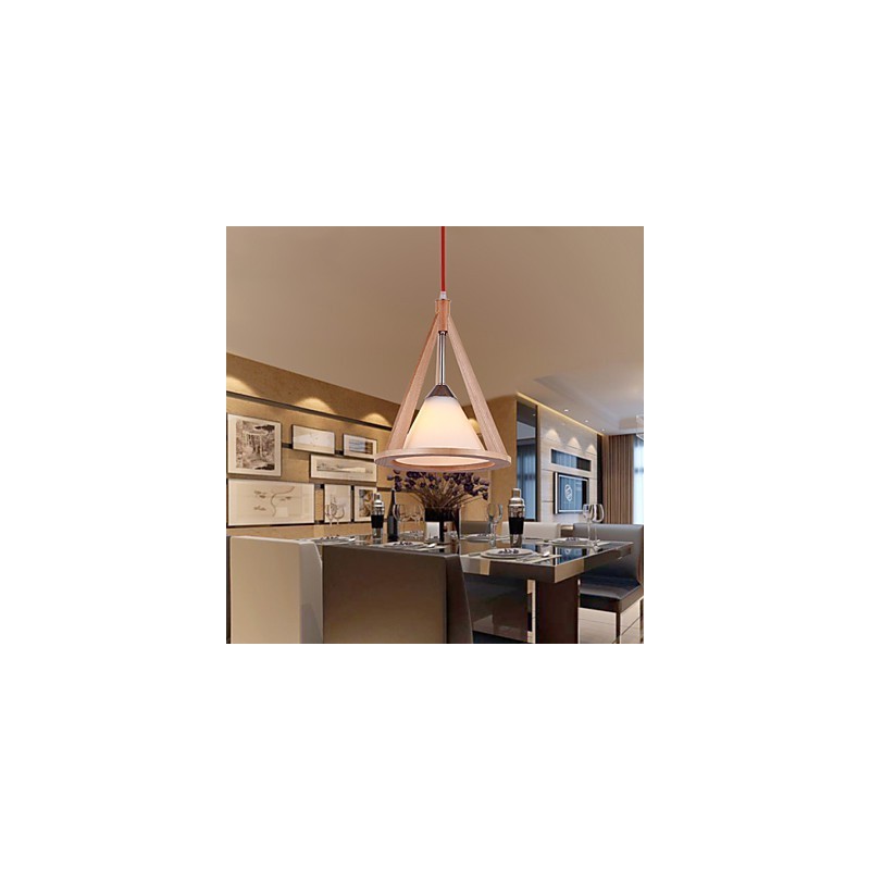 Lampadario a sospensione in legno/bambù con paralume in vetro bianco