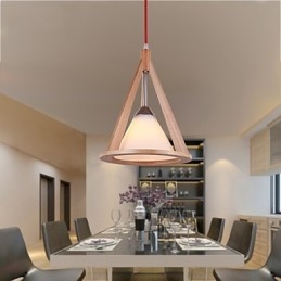 Lampadario a sospensione in legno/bambù con paralume in vetro bianco