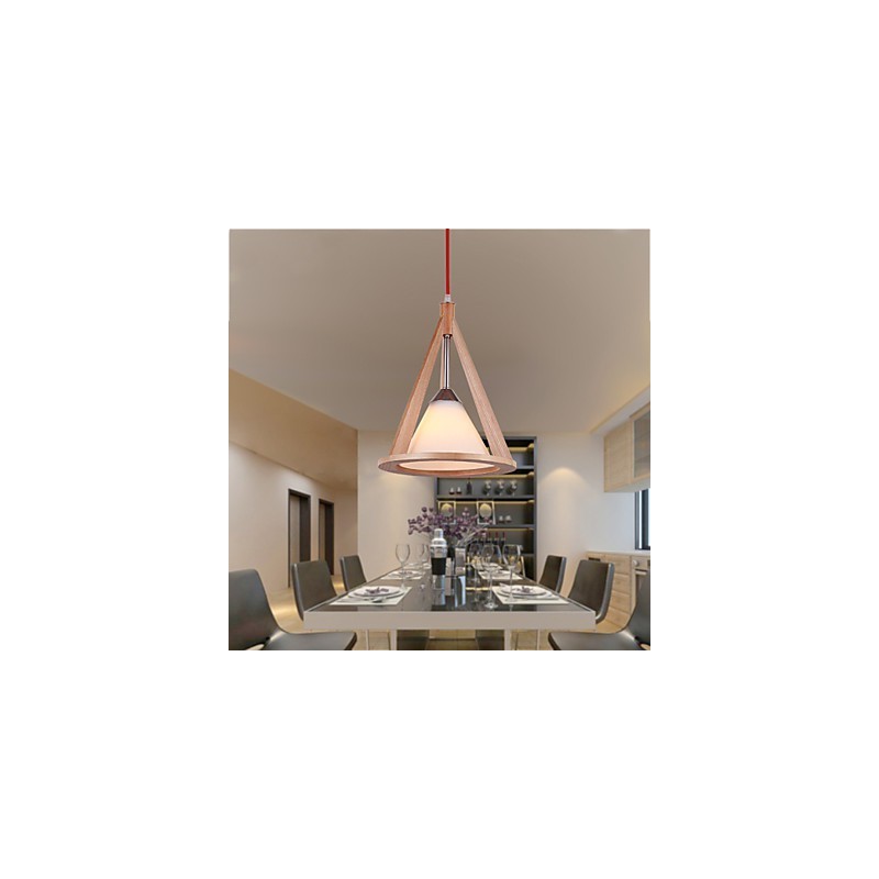 Lampadario a sospensione in legno/bambù con paralume in vetro bianco