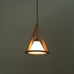 Lampadario a sospensione in legno/bambù con paralume in vetro bianco