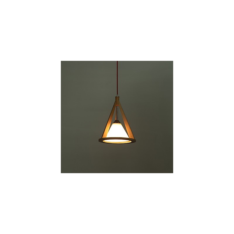 Lampadario a sospensione in legno/bambù con paralume in vetro bianco