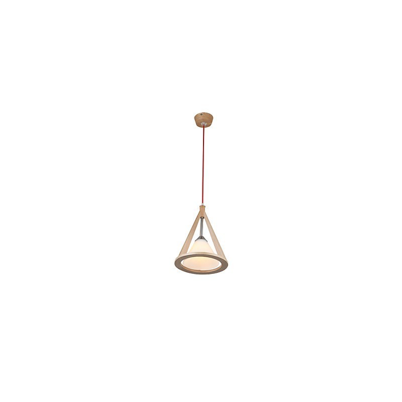 Lampadario a sospensione in legno/bambù con paralume in vetro bianco