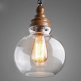 Lampada a sospensione vintage in legno con sfera di cristallo rotonda 19 cm