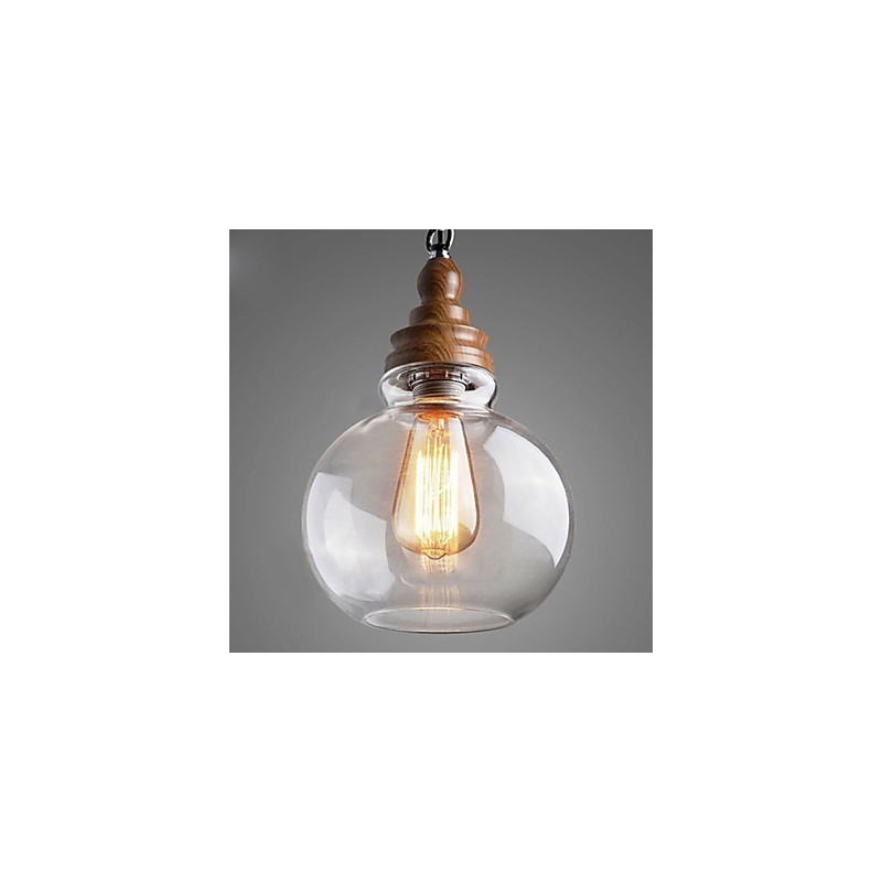 Lampada a sospensione vintage in legno con sfera di cristallo rotonda 19 cm