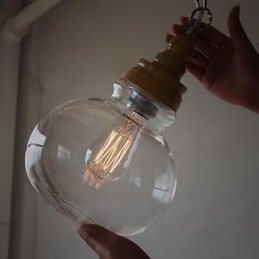 Lampada a sospensione vintage in legno con sfera di cristallo rotonda 19 cm