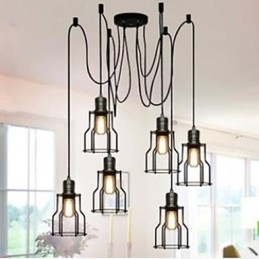 Lampadario industriale rustico nero in metallo a 6 luci, catena regolabile 200 cm