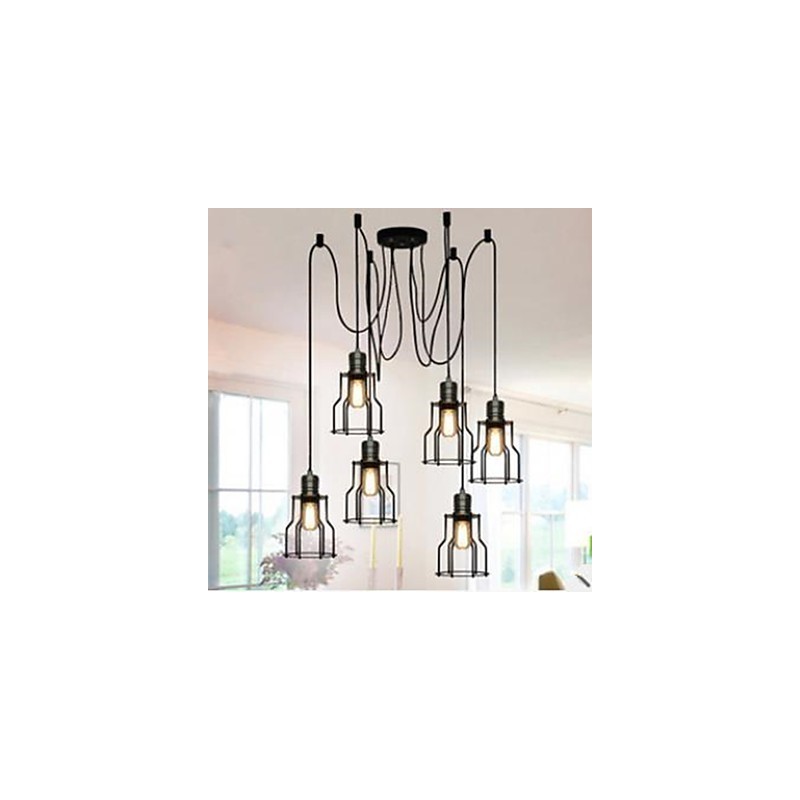 Lampadario industriale rustico nero in metallo a 6 luci, catena regolabile 200 cm